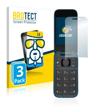 Front side of a product packaging with the brand logo BROTECT. Next to it is the device Nokia 2660 Flip shown with the corresp