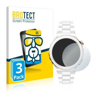 Front side of a product packaging with the brand logo BROTECT. Next to it is the device Huawei Watch GT 3 Pro Ceramic (43mm) s