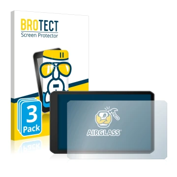 Front side of a product packaging with the brand logo BROTECT. Next to it is the device Garmin dezl LGV710 shown with the corr