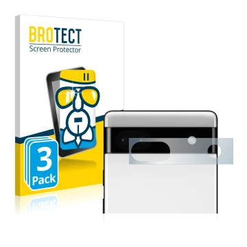 Front side of a product packaging with the brand logo BROTECT. Next to it is the device Google Pixel 6a (ONLY Camera Lens) sho