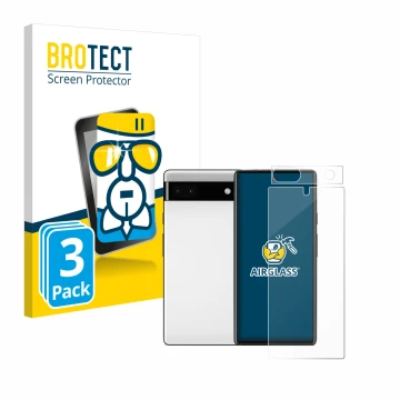 Front side of a product packaging with the brand logo BROTECT. Next to it is the device Google Pixel 6a (Front+Camera) shown w