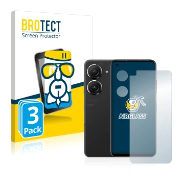 Front side of a product packaging with the brand logo BROTECT. Next to it is the device ASUS ZenFone 9 (Front+Camera) shown wi