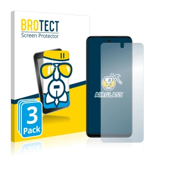 Front side of a product packaging with the brand logo BROTECT. Next to it is the device Motorola Moto G32 shown with the corre