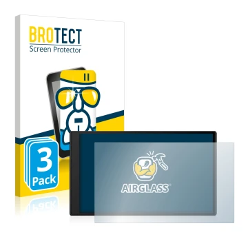 Front side of a product packaging with the brand logo BROTECT. Next to it is the device Garmin DriveSmart 76 shown with the co