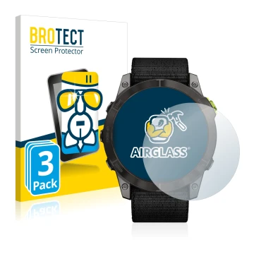 Front side of a product packaging with the brand logo BROTECT. Next to it is the device Garmin Enduro 2 shown with the corresp