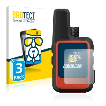 Front side of a product packaging with the brand logo BROTECT. Next to it is the device Garmin inReach Mini 2 shown with the c