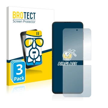 Front side of a product packaging with the brand logo BROTECT. Next to it is the device Samsung Galaxy Z Flip 4 shown with the