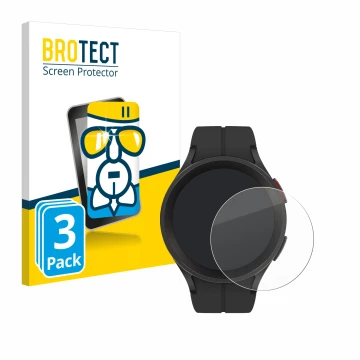 Front side of a product packaging with the brand logo BROTECT. Next to it is the device Samsung Galaxy Watch 5 Pro shown with 