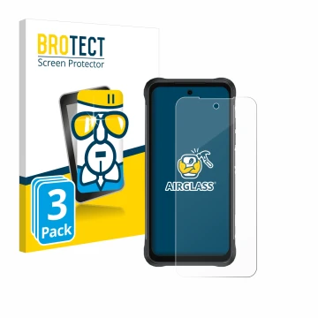 Front side of a product packaging with the brand logo BROTECT. Next to it is the device Umidigi Bison 2 shown with the corresp