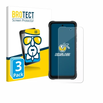 Front side of a product packaging with the brand logo BROTECT. Next to it is the device Umidigi Bison 2 Pro shown with the cor
