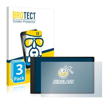 Front side of a product packaging with the brand logo BROTECT. Next to it is the device Garmin Camper 795 shown with the corre