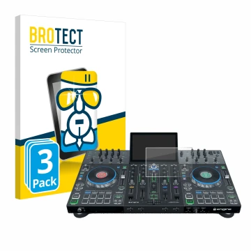 Front side of a product packaging with the brand logo BROTECT. Next to it is the device Denon DJ Prime 4 shown with the corres