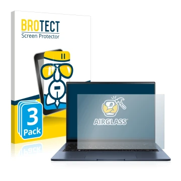 Front side of a product packaging with the brand logo BROTECT. Next to it is the device ASUS ZenBook S13 OLED shown with the c