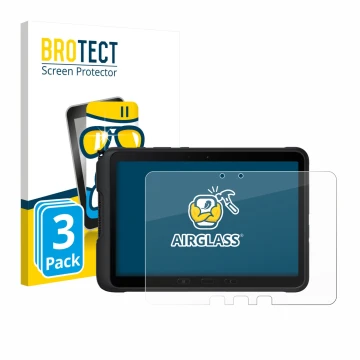 Front side of a product packaging with the brand logo BROTECT. Next to it is the device Samsung Galaxy Tab Active 4 Pro shown 