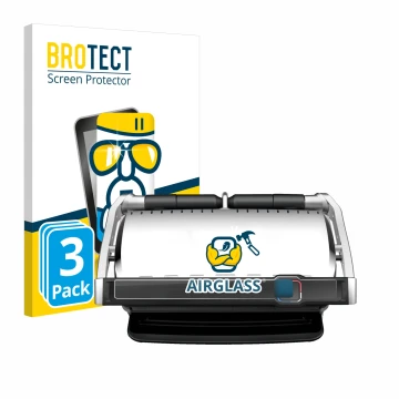 Front side of a product packaging with the brand logo BROTECT. Next to it is the device Tefal OptiGrill Elite XL shown with th