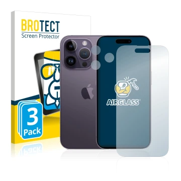 Front side of a product packaging with the brand logo BROTECT. Next to it is the device Apple iPhone 14 Pro (Front+Camera) sho
