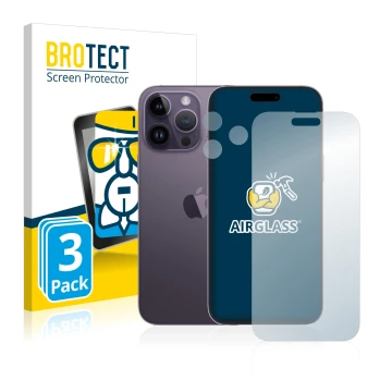 Front side of a product packaging with the brand logo BROTECT. Next to it is the device Apple iPhone 14 Pro Max (Front+Camera)