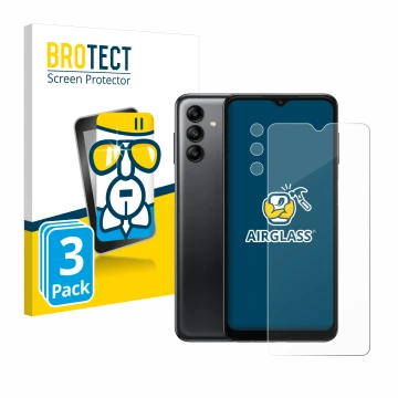 Front side of a product packaging with the brand logo BROTECT. Next to it is the device Samsung Galaxy A04s (Front+Camera) sho