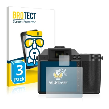 Front side of a product packaging with the brand logo BROTECT. Next to it is the device Hasselblad X2D 100C shown with the cor