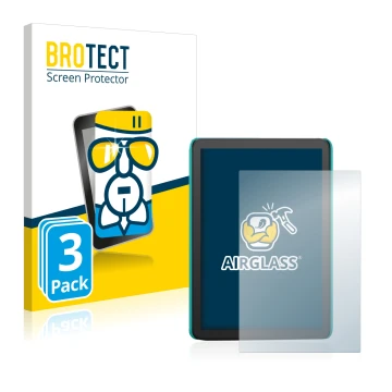 Front side of a product packaging with the brand logo BROTECT. Next to it is the device Amazon Kindle Kids (2022) shown with t
