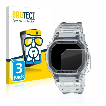 Front side of a product packaging with the brand logo BROTECT. Next to it is the device Casio G-Shock DW-5600SKE-7 shown with 