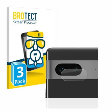 Front side of a product packaging with the brand logo BROTECT. Next to it is the device Google Pixel 7 (ONLY Camera Lens) show