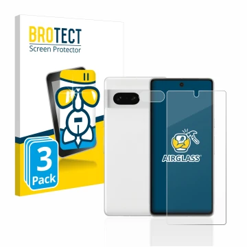 Front side of a product packaging with the brand logo BROTECT. Next to it is the device Google Pixel 7 (Front+Camera) shown wi