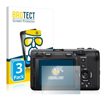 Front side of a product packaging with the brand logo BROTECT. Next to it is the device Sony Alpha FX30 Cinema Line shown with