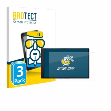 Front side of a product packaging with the brand logo BROTECT. Next to it is the device Garmin DriveSmart 86 shown with the co