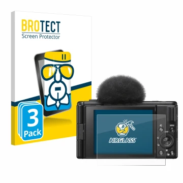 Front side of a product packaging with the brand logo BROTECT. Next to it is the device Sony ZV-1F shown with the correspondin