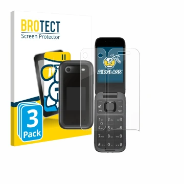 Front side of a product packaging with the brand logo BROTECT. Next to it is the device Nokia 2660 Flip (Front+Back) shown wit