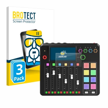 Front side of a product packaging with the brand logo BROTECT. Next to it is the device Rode Rodecaster Pro II shown with the 