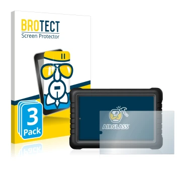 Front side of a product packaging with the brand logo BROTECT. Next to it is the device Launch X-431 PROS V 8