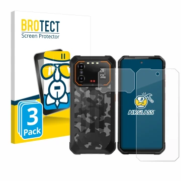 Front side of a product packaging with the brand logo BROTECT. Next to it is the device iiiF150 B1 Pro (Front+Camera) shown wi
