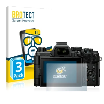 Front side of a product packaging with the brand logo BROTECT. Next to it is the device Olympus OM System OM-5 shown with the 