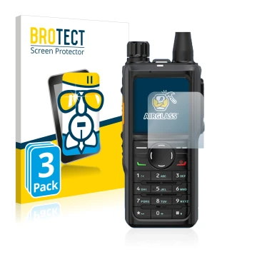 Front side of a product packaging with the brand logo BROTECT. Next to it is the device Hytera HP 685 shown with the correspon