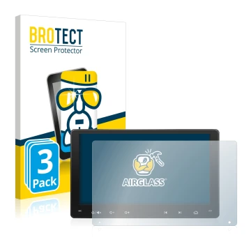 Front side of a product packaging with the brand logo BROTECT. Next to it is the device Atoto A6 PF 9 Zoll shown with the corr