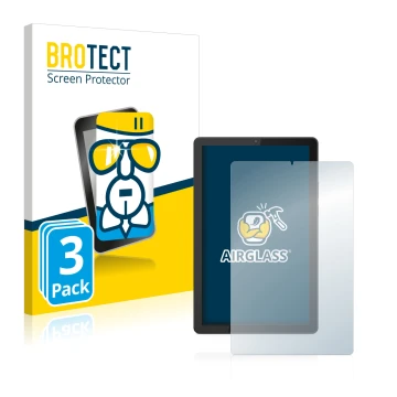 Front side of a product packaging with the brand logo BROTECT. Next to it is the device Lenovo Tab M9 shown with the correspon