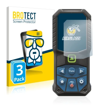 Front side of a product packaging with the brand logo BROTECT. Next to it is the device Bosch GLM 50-25 G shown with the corre
