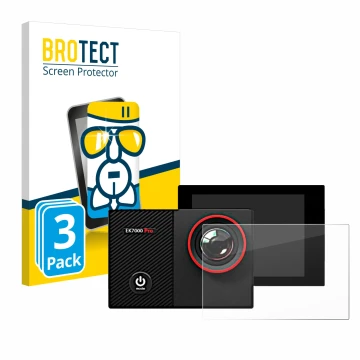 Front side of a product packaging with the brand logo BROTECT. Next to it is the device Akaso EK7000 Pro shown with the corres