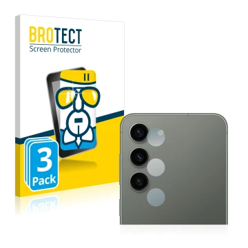 Front side of a product packaging with the brand logo BROTECT. Next to it is the device Samsung Galaxy S23 Plus (ONLY Camera L