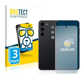 Front side of a product packaging with the brand logo BROTECT. Next to it is the device Samsung Galaxy S23 Plus (Front+Camera)