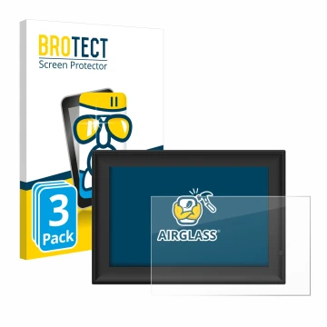 Front side of a product packaging with the brand logo BROTECT. Next to it is the device Yenock Digitaler Bilderrahmen 10.1 Zol