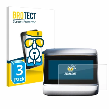 Front side of a product packaging with the brand logo BROTECT. Next to it is the device Tesla Model X Plaid 2023 (Back display