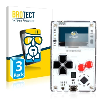 Front side of a product packaging with the brand logo BROTECT. Next to it is the device Arduboy FX shown with the correspondin
