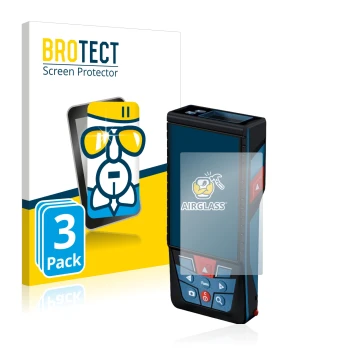 Front side of a product packaging with the brand logo BROTECT. Next to it is the device Bosch GLM 150-27c shown with the corre