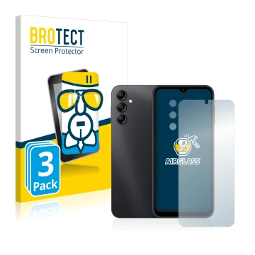 Front side of a product packaging with the brand logo BROTECT. Next to it is the device Samsung Galaxy A14 5G (Front+Camera) s