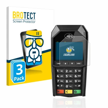 Front side of a product packaging with the brand logo BROTECT. Next to it is the device ingenico Desk/1600 shown with the corr