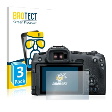 Front side of a product packaging with the brand logo BROTECT. Next to it is the device Canon EOS R8 shown with the correspond