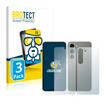 Front side of a product packaging with the brand logo BROTECT. Next to it is the device Samsung Galaxy S23 (Front+Back) shown 